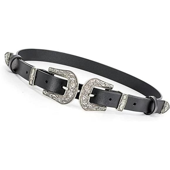 KorhLeoh Double-Buckle Cowgirl, Western-Style Vintage Buckle Leather Waist Belt main image 8